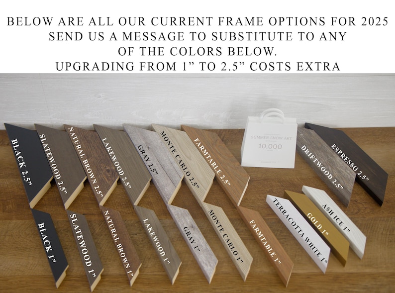 May include: A selection of picture frame samples in various colours and styles, including black, grey, brown, and white. The frames are labelled with names and sizes, with a white shopping bag in the background.