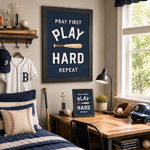 Baseball Wall Art – Pray First Play Hard Repeat Christian Sports Boys Room Bedroom Gift