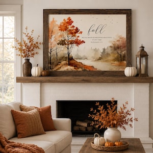 May include: A cozy living room scene with fall decor. A framed watercolor landscape with the word "fall" and a Bible verse hangs above a fireplace. Decorative pumpkins, vases with orange foliage, and throw pillows add warmth.