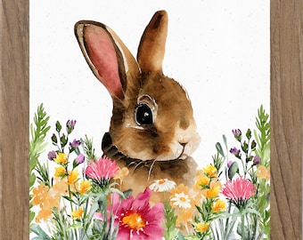 Easter Watercolor Rabbit Fireplace Mantel Scarf Table Runner, Winter Garlan Spring Bunny Wall Art \u2013 Floral Rabbit Print \u2013 Colorful Spring Décor \u2013  Framed Easter or Nursery Gift