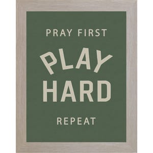 Monte Carlo color frame of a Christian sports framed wall art with the phrase Pray First Play Hard Repeat on a green background in a vertical layout