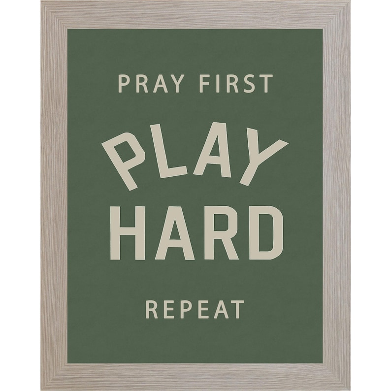 Monte Carlo color frame of a Christian sports framed wall art with the phrase Pray First Play Hard Repeat on a green background in a vertical layout