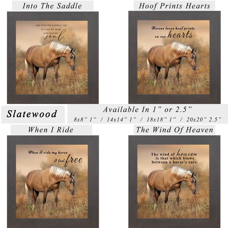 May include: Four framed prints with images of horses in a field. Each print has a different quote about horses. The prints are available in various sizes, including 20 x 20 cm, 35 x 35 cm, 45 x 45 cm, and 50 x 50 cm.