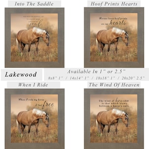 May include: Four framed art prints depicting a horse in a field. Each print includes a different quote about horses and riding. The frames are a neutral grey colour. The prints are available in various sizes.