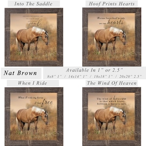 May include: Four framed art prints with images of horses in a field. Each print has a rustic wooden frame and includes text such as "Into The Saddle" and "Hoof Prints Hearts". Available in various sizes, including 20 x 20 inches and 20.32 x 20.32 cm.