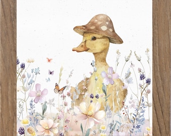 Just Ducky – Framed Duck Wall Art – Cute Spring Cottagecore Décor – Yellow Floral Animal Print – Summer Snow