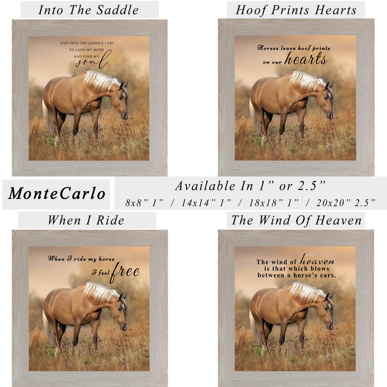 May include: Four framed prints showcasing a horse in a field, each with an inspirational quote. The prints are available in various sizes, including 20 x 20 cm, 35.5 x 35.5 cm, 45.7 x 45.7 cm, and 50.8 x 50.8 cm.