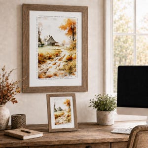May include: A framed wall art print and a smaller matching tabletop frame featuring a watercolor landscape of a house, autumn trees, and pumpkins, with the text "Do not be anxious about anything, but in every situation, by prayer and petition, with thanksgiving, present your requests to God. And the peace of God, which transcends all understanding, will guard your hearts and minds in Christ Jesus. Philippians 4:6-7."