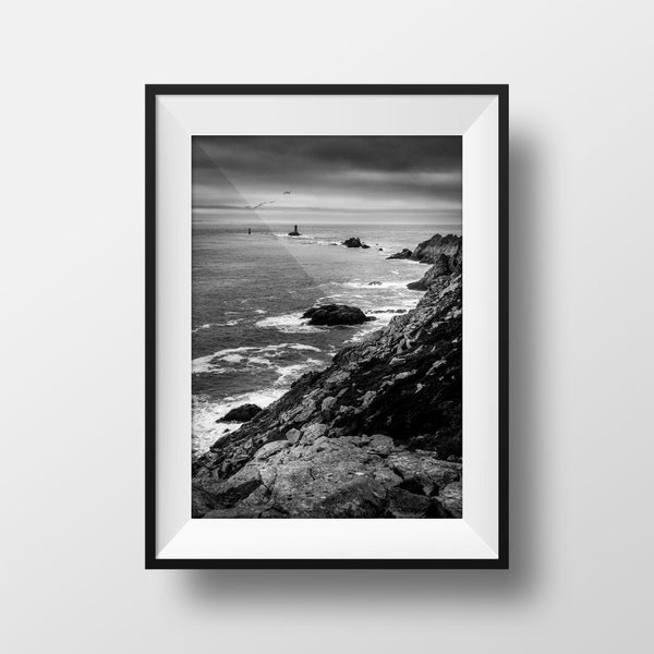 Photo Bretagne - Pointe du Raz Finistère Bord de Mer Océan Image Photographie Paysage Noir et Blanc Rocher Affiche Poster Décoration