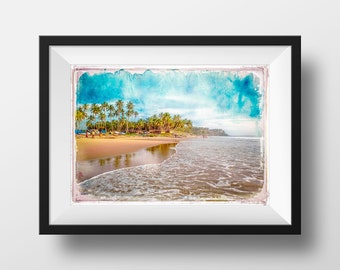 May include: A watercolor painting of a tropical beach scene with palm trees, blue sky, and white clouds. The beach is sandy and the water is clear and blue. There are people in the distance.