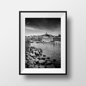 Marseille Black and White Photo Print -  Notre Dame de la Garde and The Old Port Home Decor