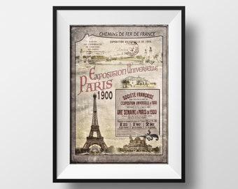 May include: Vintage poster advertising the 1900 Paris Exposition Universelle. The poster features an image of the Eiffel Tower, a building, and text in French that reads "Chemins de Fer de France" and "Exposition Universelle Paris 1900".