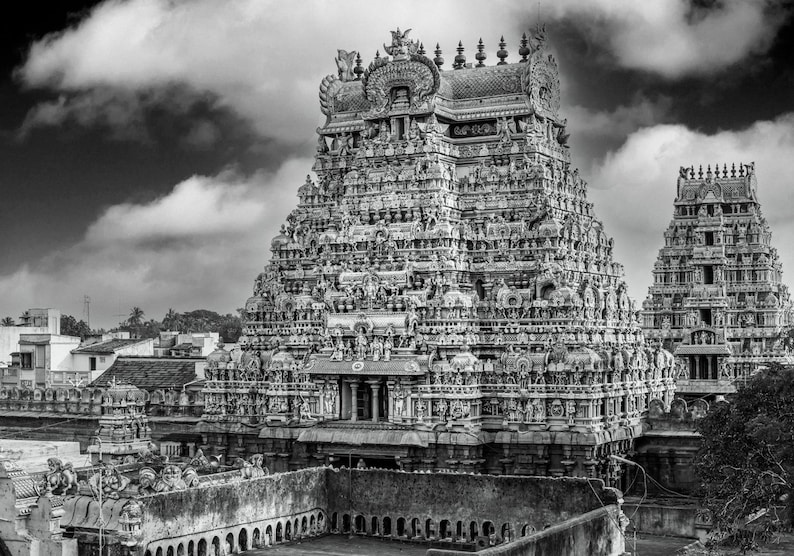 Photo Black and White India Tamil Nadu Temple Gopuram Srirangam Picture