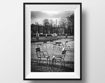 Fine ART Print of Paris  -  Chairs at Luxembourg Garden and The Eiffel Tower Photo in Black and White Street View Picture Poster France