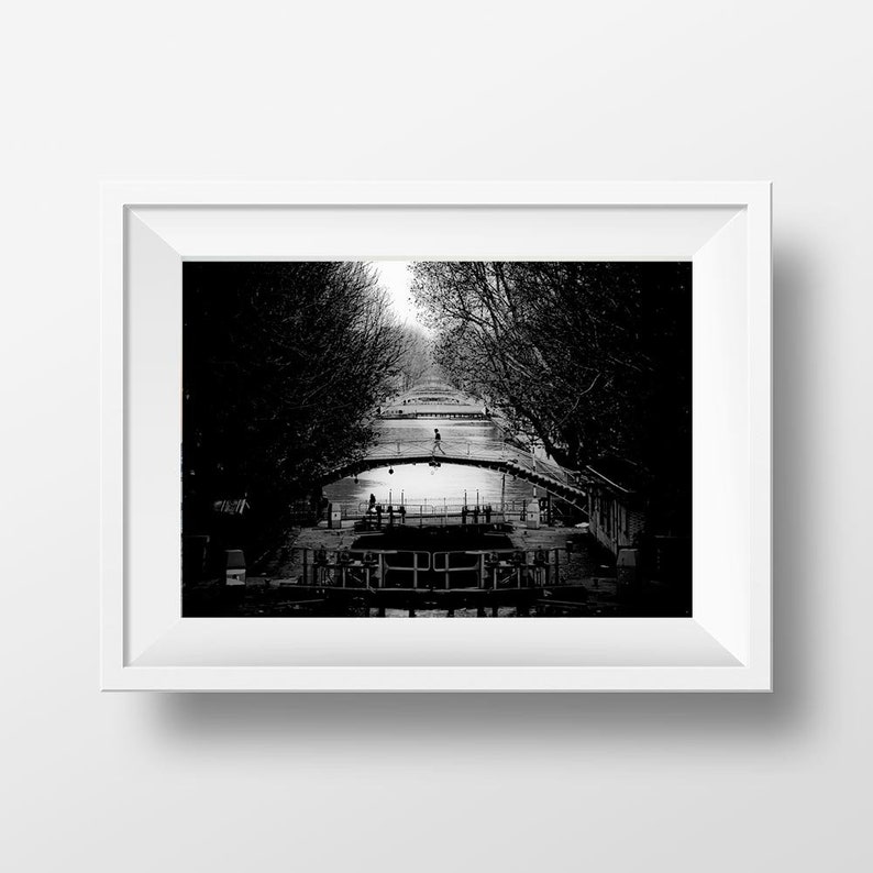 Fine ART Print of Paris Le Canal Saint Martin Paris Photo in Black and White Street View Picture France Paris Typical Atmosphere image 1