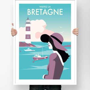 Cartaz de viagem da Bretanha - Visite a Bretanha Cartaz minimalista Ilustração de farol Barco retrô Vintage França Lembrança Decoração de parede