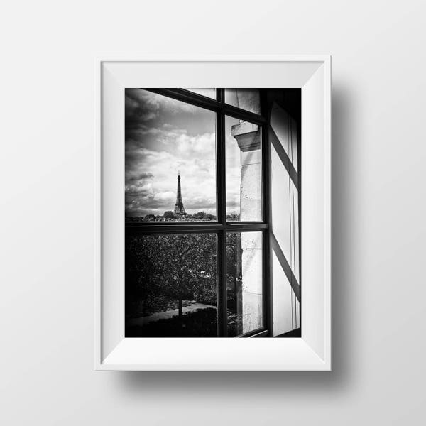 Fine ART Print of Paris  - Eiffel Tower by the window Black and White Street View Typical Picture Poster Wall Art