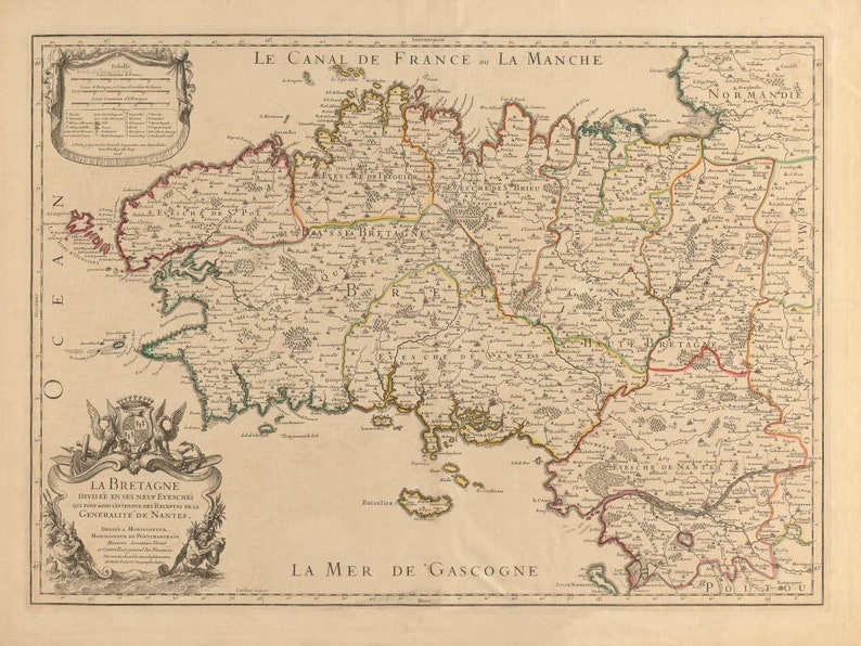 Affiche Reproduction Carte de Bretagne 1706 Affiche Retro Plan Poster France Vintage Grand Format Alexis Hubert Jaillot Décoration Murale image 5