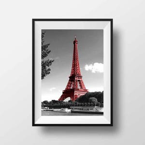 Tirage Photo Paris - La Tour Eiffel en Rouge Image en Noir et Blanc Cliché Scène de Rue Affiche Poster Décoration Désaturation