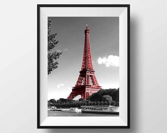 Fotografía en blanco y negro de París – Torre Eiffel roja – Impresión fotográfica decorativa – Arte mural parisino