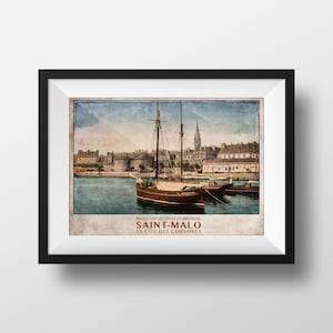 Affiche Vintage Bretagne Saint-Malo 1900 - Poster Voyage Saint-Malo Le Port Carte postale ancienne Poster vintage Decoration rétro de France