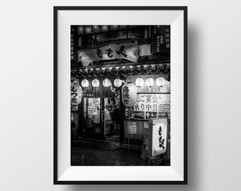 Schwarz-Weiß-Foto, Tokio – Japan, Fotografie, Straßenszene, Köenji-Laternen, Restaurant, Bild, Poster, Wanddekoration