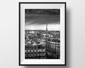 Tirage Photo Paris – La Tour Eiffel et les Toits Terrasse du Printemps Image Art Noir et Blanc Poster Affiche Paysage Décoration