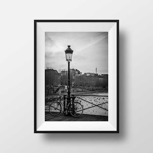 Fine ART Print of Paris  -  Le Pont des Arts and Eiffel Tower Photo in Black and White Street View Picture Poster Wall Art