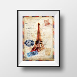 Affiche Voyage Paris - Poster Vintage Illustration Tour Eiffel Carte Postale Ancienne Collage Rétro Vintage France Souvenir Décoration Mural