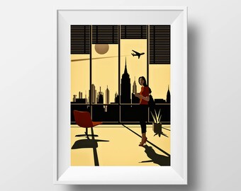 New-York Fine Art Print - Cityscape Loft Minimalist Illustration Room with A View Vector Pop Art Wall Art Screen Print Empire State Skyline