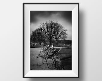 Paris Photo Print - Chaises Jardin des Tuileries Black and White Image Poster Wall Art home Decor