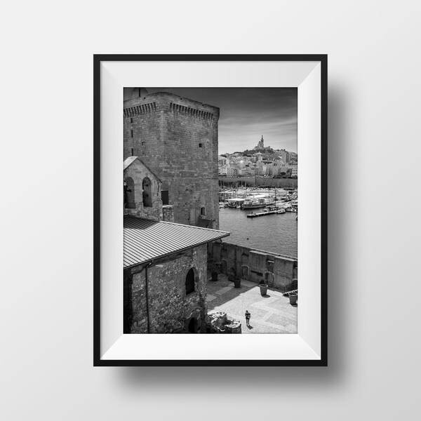 Marseille Black and White Photo Print - The Old Port and the Fort Saint Nicolas