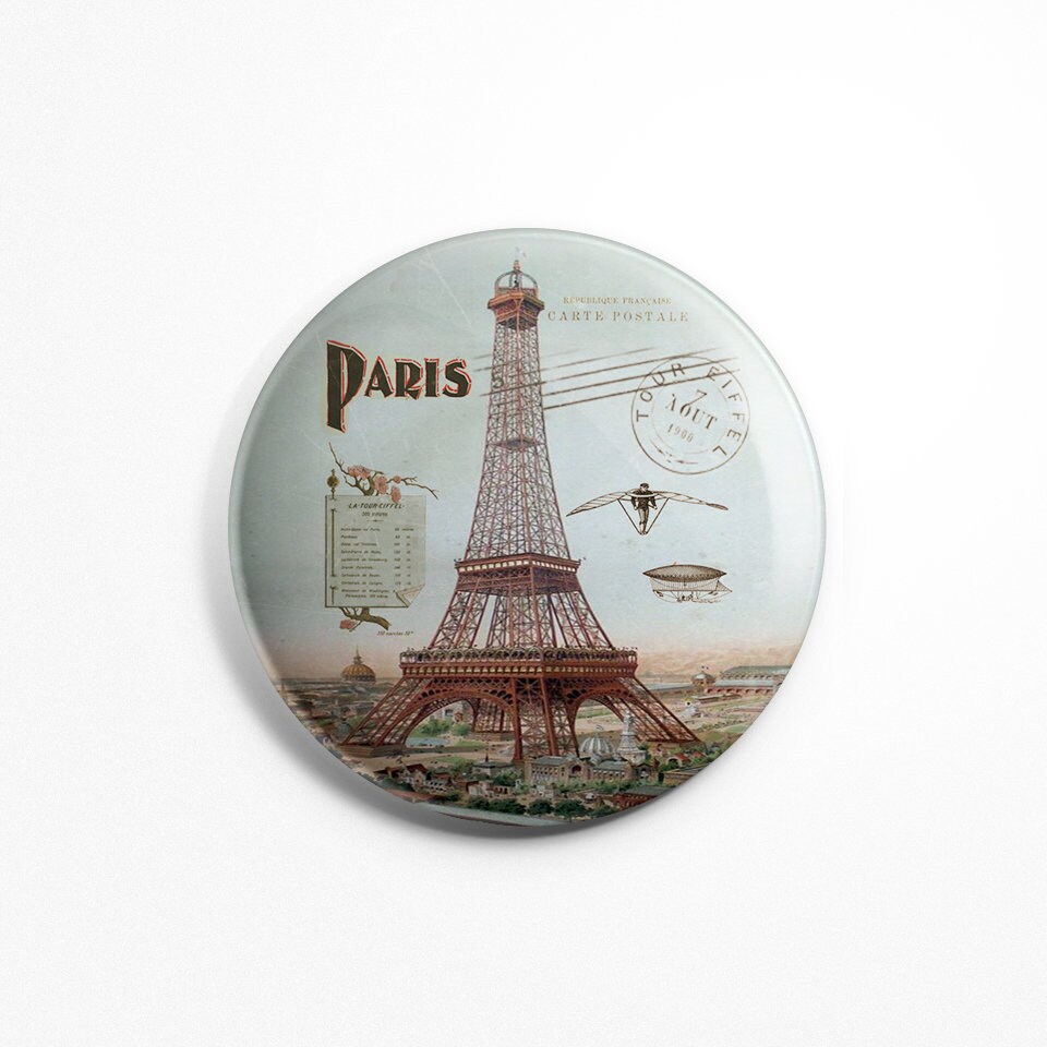 Magnet Rond Paris Vintage - Ancien Tour Eiffel Souvenir 1900 Frigidaire Aimant 56mm Diamètre Cuisine