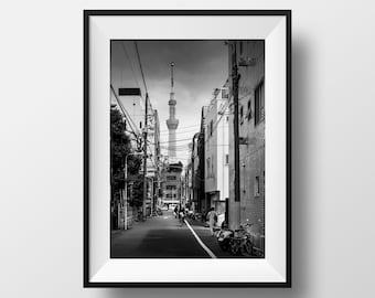 Photo Noir et Blanc Tokyo – Japon Photographie Sky Tree Scène de Rue Image Affiche Poster Décoration Murale