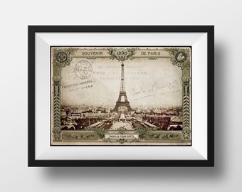 May include: A vintage postcard featuring a sepia-toned image of the Eiffel Tower in Paris, France. The postcard is framed in a decorative border with the text "SOUVENIR 1900 DE PARIS" and "PARIS LA TOUR EIFFEL".