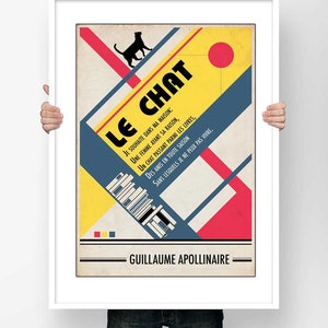 Plakat Wiersz Guillaume Apollinaire Kot - Typografia plakatu Poezja francuska Nowoczesna ilustracja Bauhaus Design Dekoracja ścienna