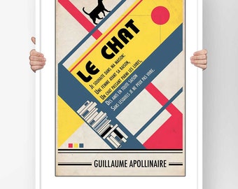 Affiche Poème Guillaume Apollinaire Le Chat  - Poster Typographie Poésie Française Illustration Moderne Bauhaus Design Décoration Murale