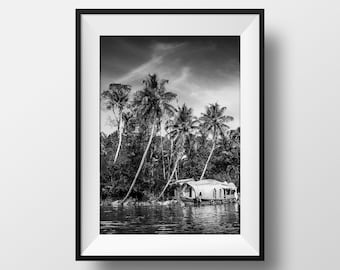 Tirage Photo Backwaters Inde - Kerala House Boat Photographie Noir et Blanc Palmiers Inde du Sud Affiche Poster Voyage Décoration Murale