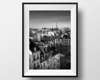 Paris Rooftops and Eiffel Tower Photo Print - Black and White Picture Street Art Poster Wall Decor