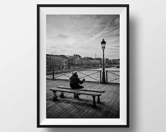 Print of Paris Eiffel Tower  -  Le Pont des Arts Photo in Black and White Street View Picture Poster France Wall Art