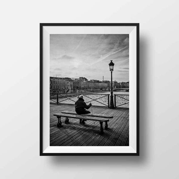 Print of Paris Eiffel Tower  -  Le Pont des Arts Photo in Black and White Street View Picture Poster France Wall Art