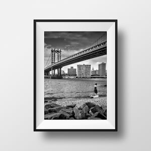 Photo New-York – Manhattan Bridge Noir et Blanc Brooklyn Bridge Hudson Empire State Image Scène de Rue affiche Poster Affiche