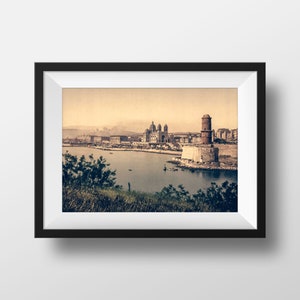 Antique Photo Marseille - La Major Cathedral Exit from the Old Port Image Poster Souvenir Photography Wall Decor