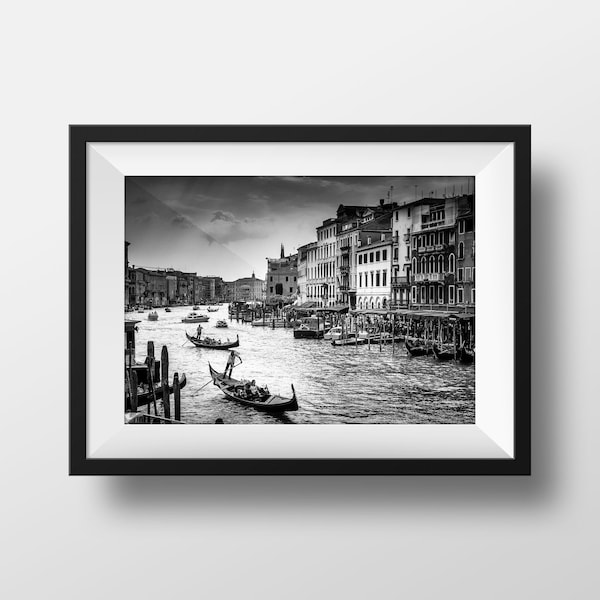 Photo Noir et Blanc Venise – Grand Canal Gondoles Italie Photographie Paysage Image Affiche Poster Décoration Murale