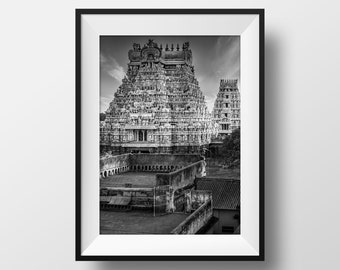 Photo Noir et blanc Inde - Srirangam Gopuram Tamil Nadu Temple Photographie Image Paysage Inde du Sud Affiche Poster Voyage