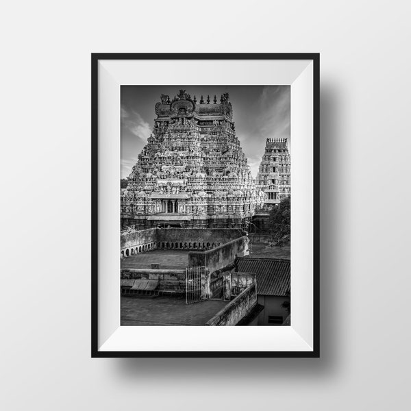 Photo Black and White India - Srirangam Gopuram Tamil Nadu Temple Photography Landscape Image South India Poster Travel