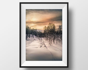 Tirage Photo Laponie – Finlande Paysage Neige Coucher de Soleil en Couleur Décoration Murale