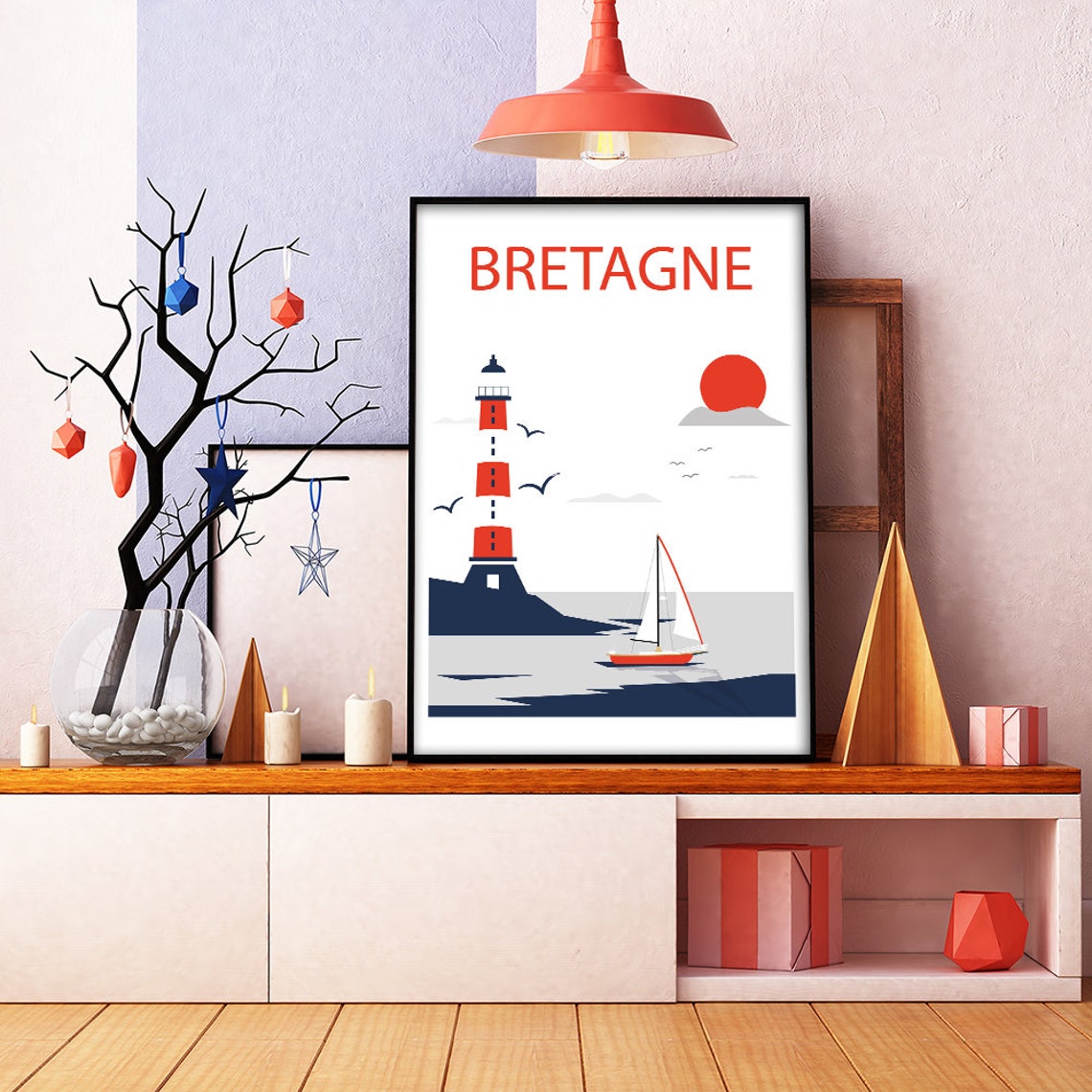 Affiche Voyage Bretagne - Poster Vintage Illustration Phare Minimaliste