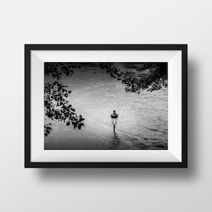 Fine ART Print of Paris  - Seine River Flood and Street Lamp on Ile Saint-Louis Photo in Black and White Street View Picture Poster France
