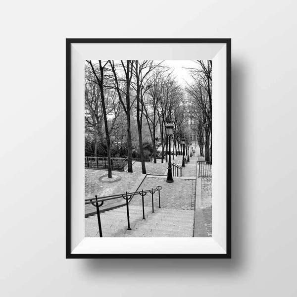 Fine ART Print of Paris  -  Montmartre Stairs Black and White Photo of Paris Street View Picture Poster Scree Print Wall Art